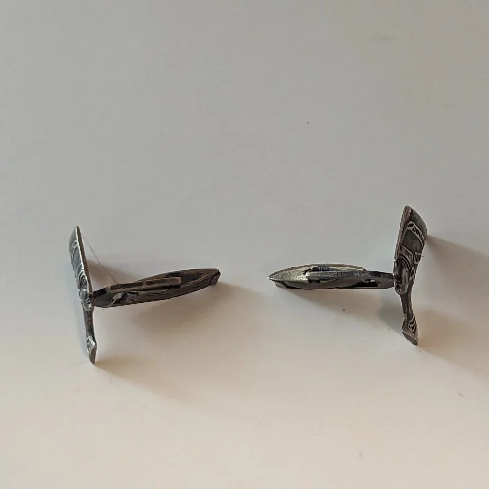 Vintage Cufflinks Egyptian Sterling Silver Nefertiti Egyptian Revival Whale Back